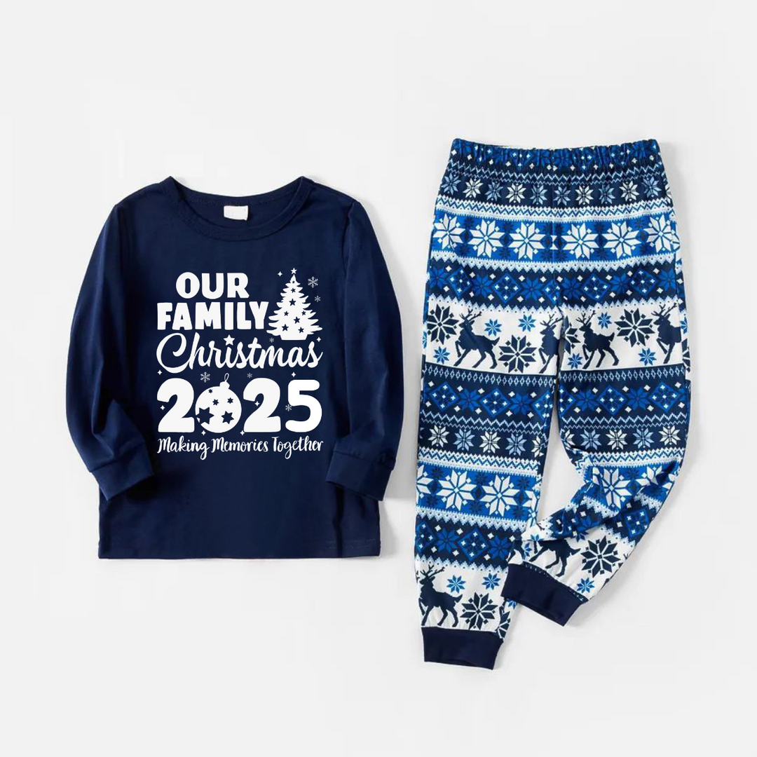 Drune | Unsere Familie Weihnachten 2025 Gemeinsam Erinnerungen Schaffen' Buchstaben Druck Blaue Lange Ärmel Mit Blauen Floral Hosen Familien Passende Schlafanzüge Sets