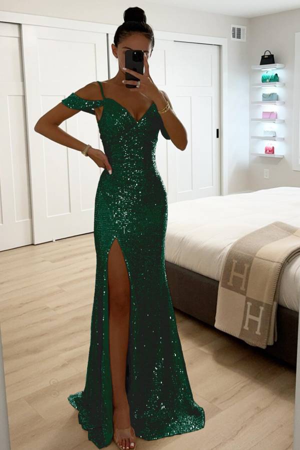 Drune | Paillettenspitze Meerjungfrau Abschlussballkleider mit Schlitz Off-Shoulder Abendkleid
