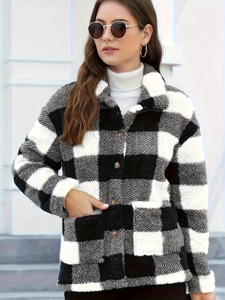 Drune | Gitter Teddyjacke mit Knöpfen und Taschen Polyester Warm und Stilvoll