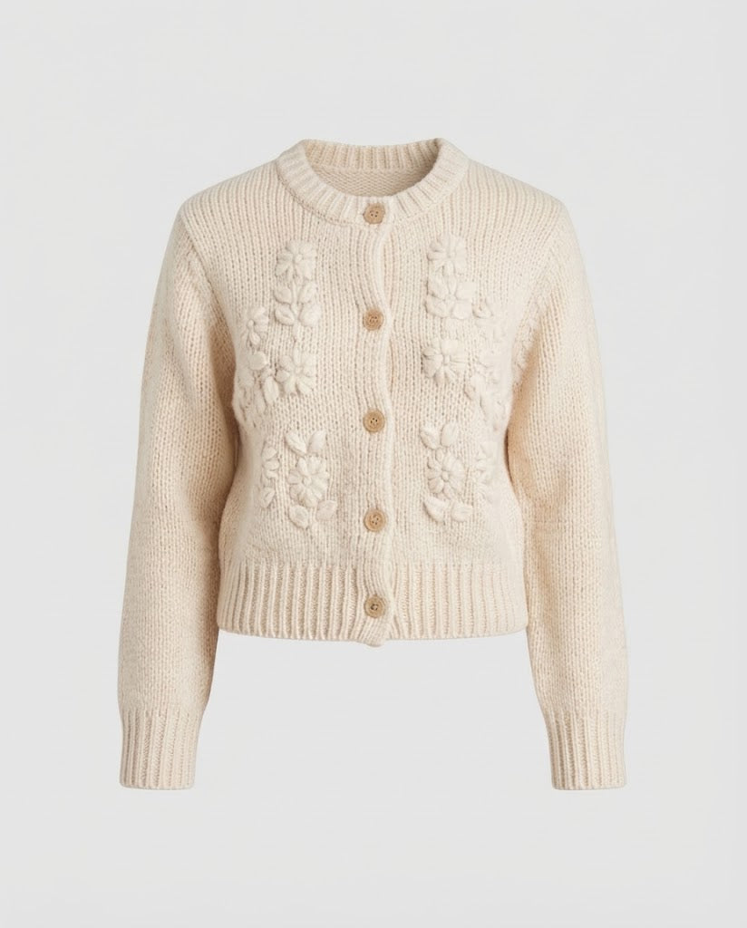 Damen Grobstrick-Cardigan mit Bobble‑Details, Rundhalsausschnitt und Perlmuttknopfleiste Drune