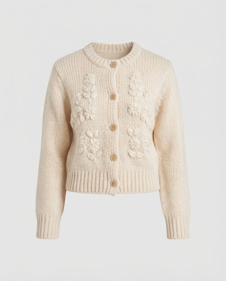 Damen Grobstrick-Cardigan mit Bobble‑Details, Rundhalsausschnitt und Perlmuttknopfleiste Drune