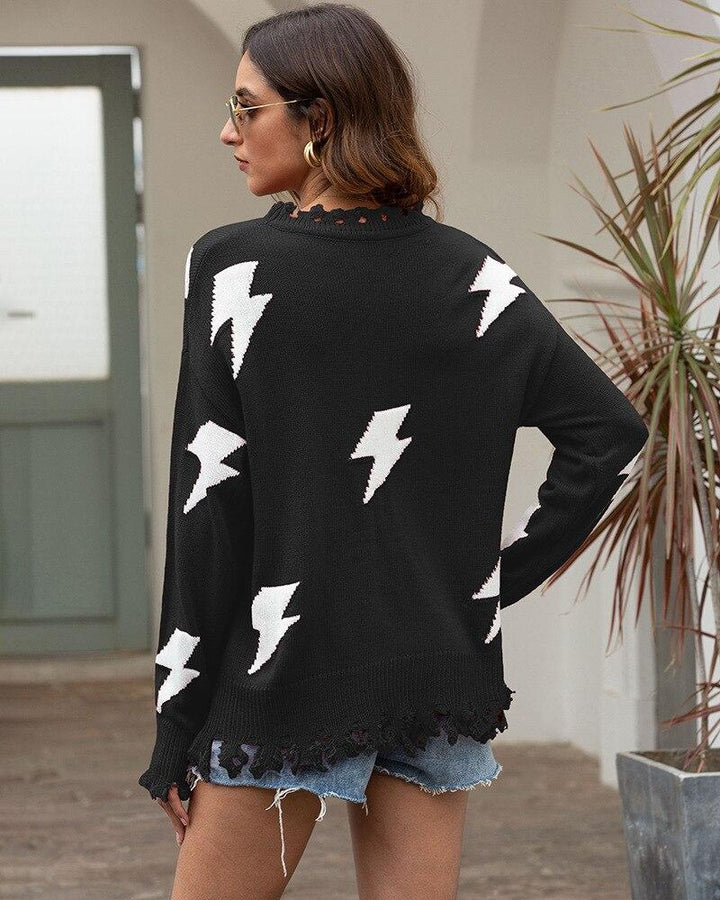 Drune | Strickpullover - Lockere Passform - Blitzmuster & Fransen Saum