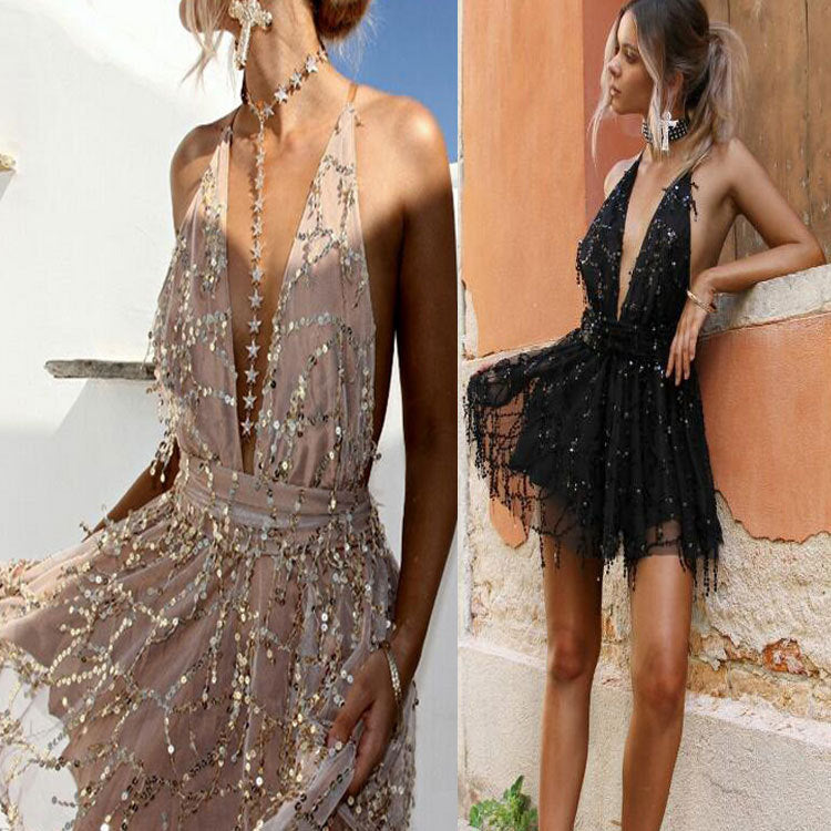 Damen elegantes Maxi-Kleid mit funkelndem Paillettenbesatz Drune