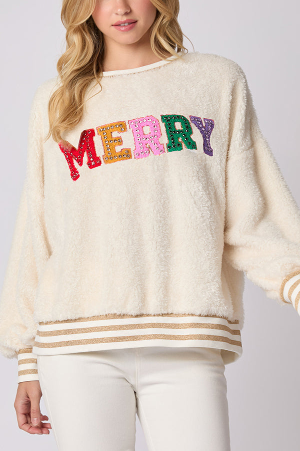 Drune | Weihnachtsbuchstaben Strass Langarm Rundhalsausschnitt Sweatshirt