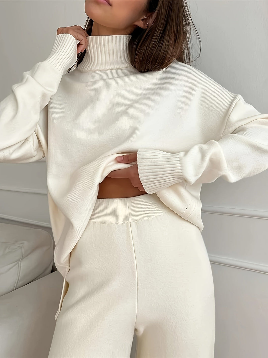 Drune | Einfarbiger Rollkragenpullover Und Strickhosen Outfit Set Für Damen - Perfekt für lässige Tage