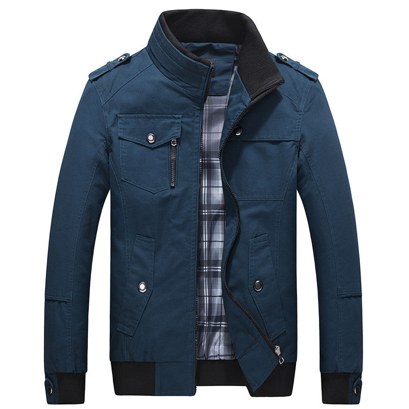 Herren Utility-Canvasblouson mit Stehkragen, Epauletten und kariertem Innenfutter Drune
