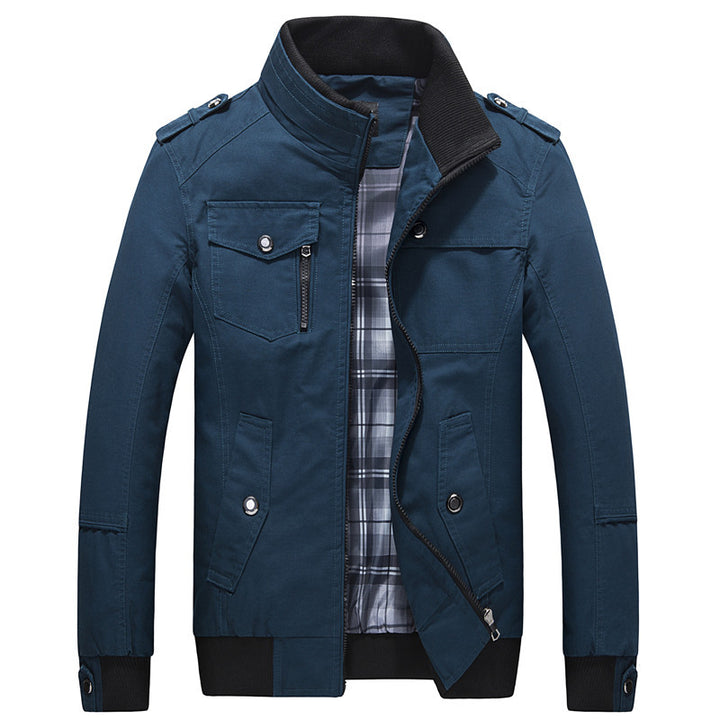 Herren Utility-Canvasblouson mit Stehkragen, Epauletten und kariertem Innenfutter Drune