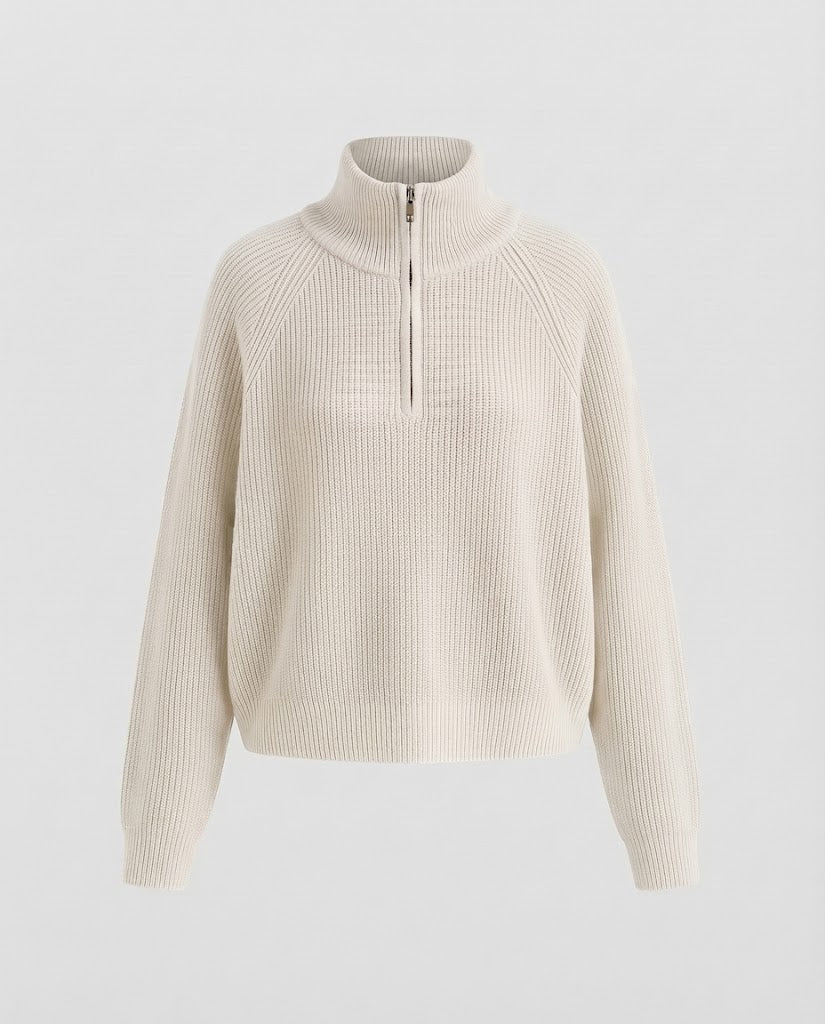 Damen Kurzer Halbzip-Strickpullover mit Rippenstruktur und Stehkragen Drune