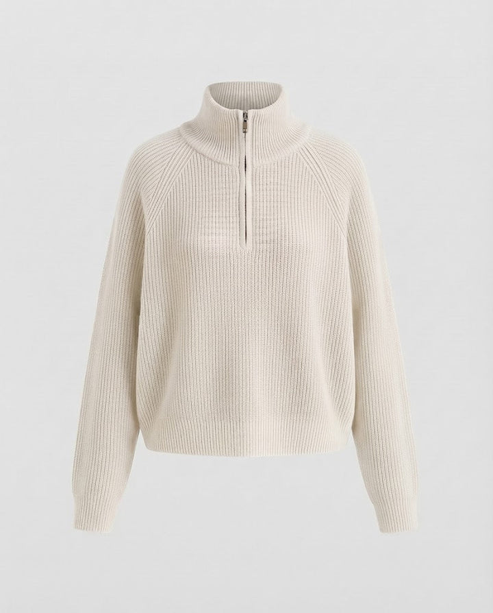 Damen Kurzer Halbzip-Strickpullover mit Rippenstruktur und Stehkragen Drune