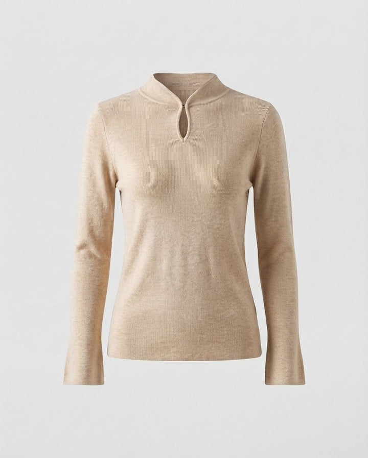 Damen Feinstrick-Longsleeve mit kurzem Stehkragen Schlitzknopf und ausgestelltem Ärmelsaum Drune