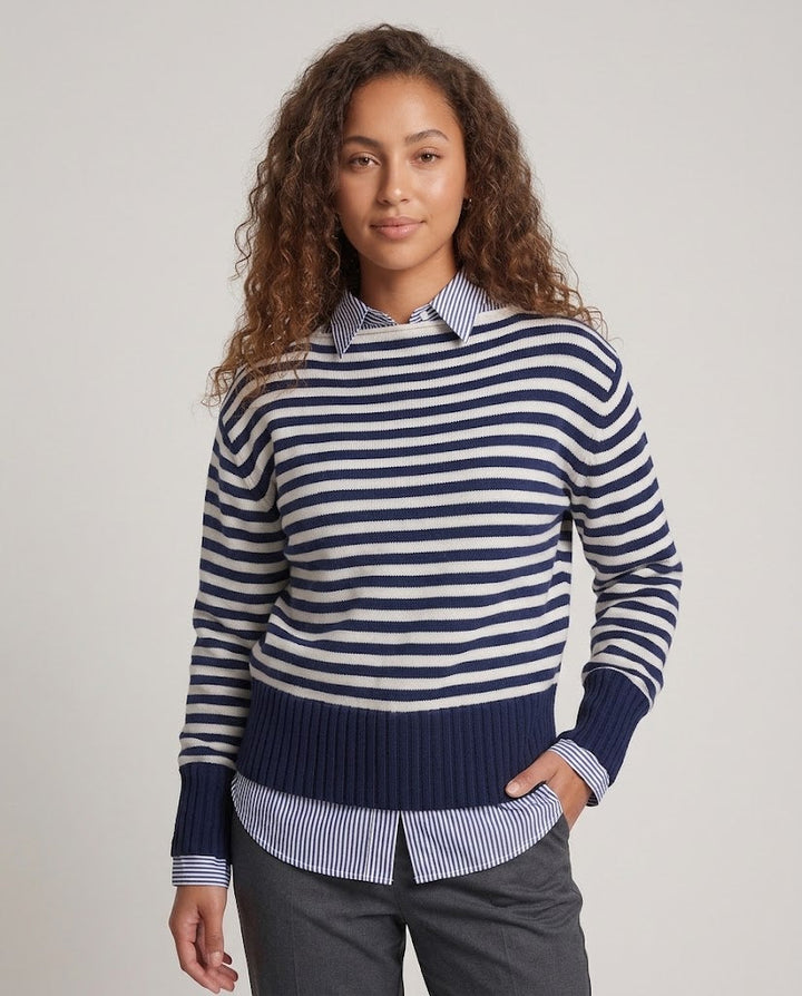 Damen Gestreifter Baumwollmix-Pullover mit breiten Marine‑Streifen und geripptem Saum Drune
