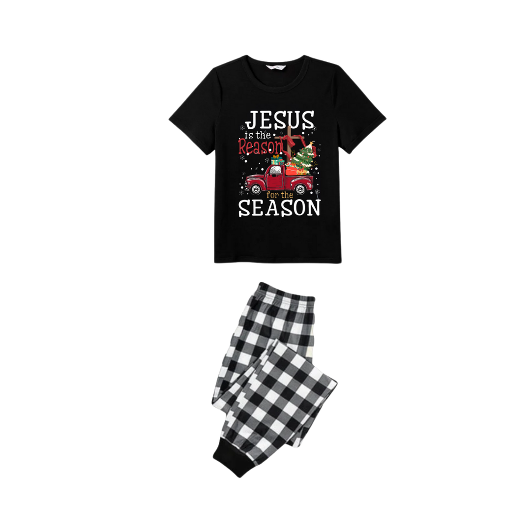 Drune | Schwarz-weißes Karomuster Weihnachts-Shortsleeve-Pyjama-Set mit dem Aufdruck "Jesus ist der Grund für die Saison"