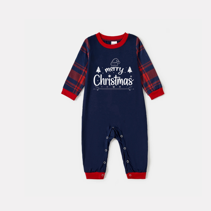 Drune | "Frohe Weihnachten" Weißer Buchstabe 2025 Blauer Langarmoberteil mit blauen und roten karierten passenden Familienpyjamas