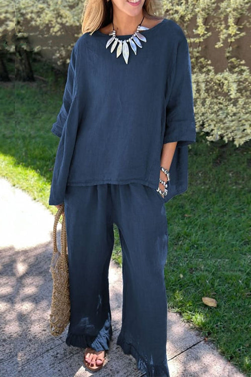 Drune | Rosiedress Baumwolle Leinen 3/4 Ärmel Pullover Top Weite Hose Rüschen Saum Set
