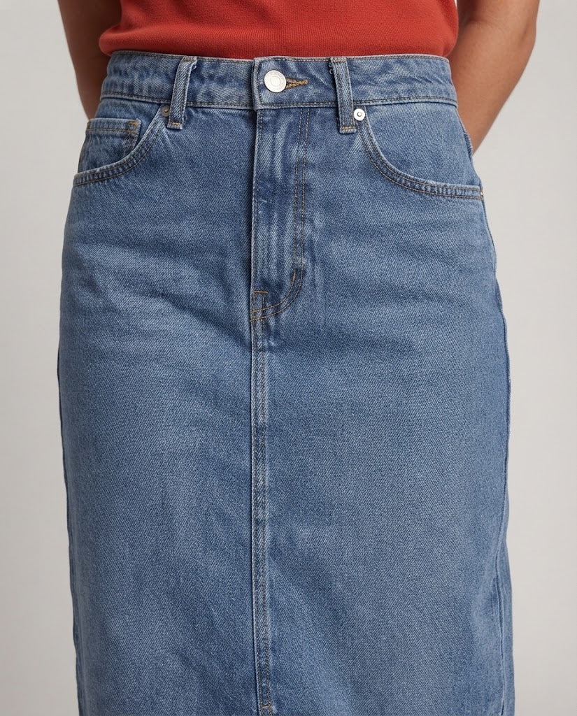 Damen Hochtaillierter Denim-Midirock mit Frontschlitz und geradem Schnitt Drune