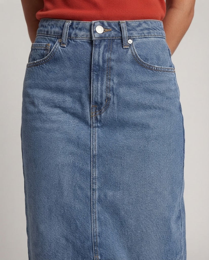 Damen Hochtaillierter Denim-Midirock mit Frontschlitz und geradem Schnitt Drune