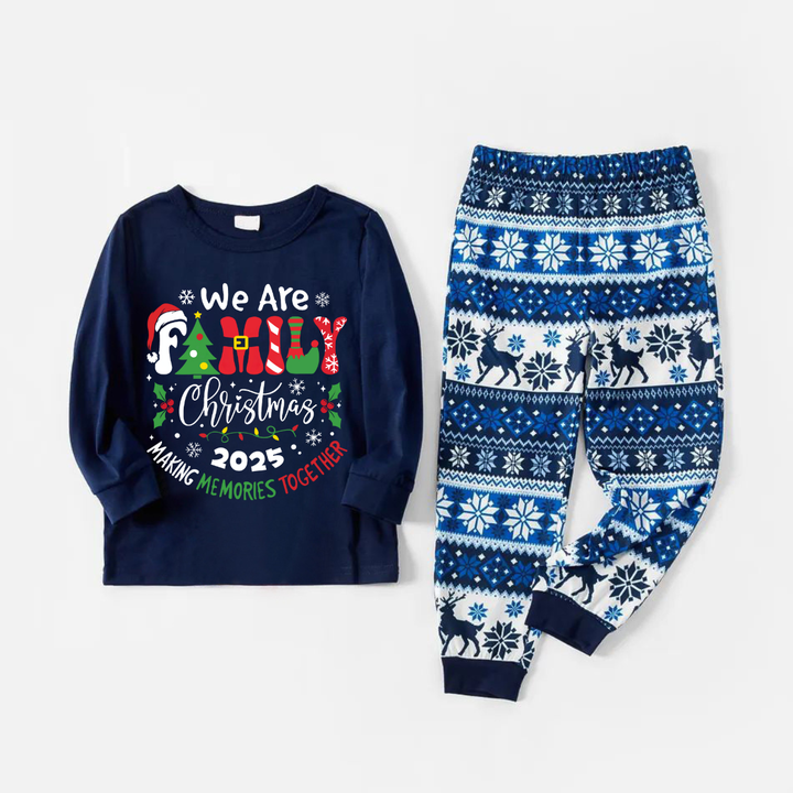 Drune | "Wir sind Familie 2025 Weihnachten Erinnerungen gemeinsam machen" Slogan Druck Blau Langarm Mit blauen Blumenhose Familie passende Pyjama Sets