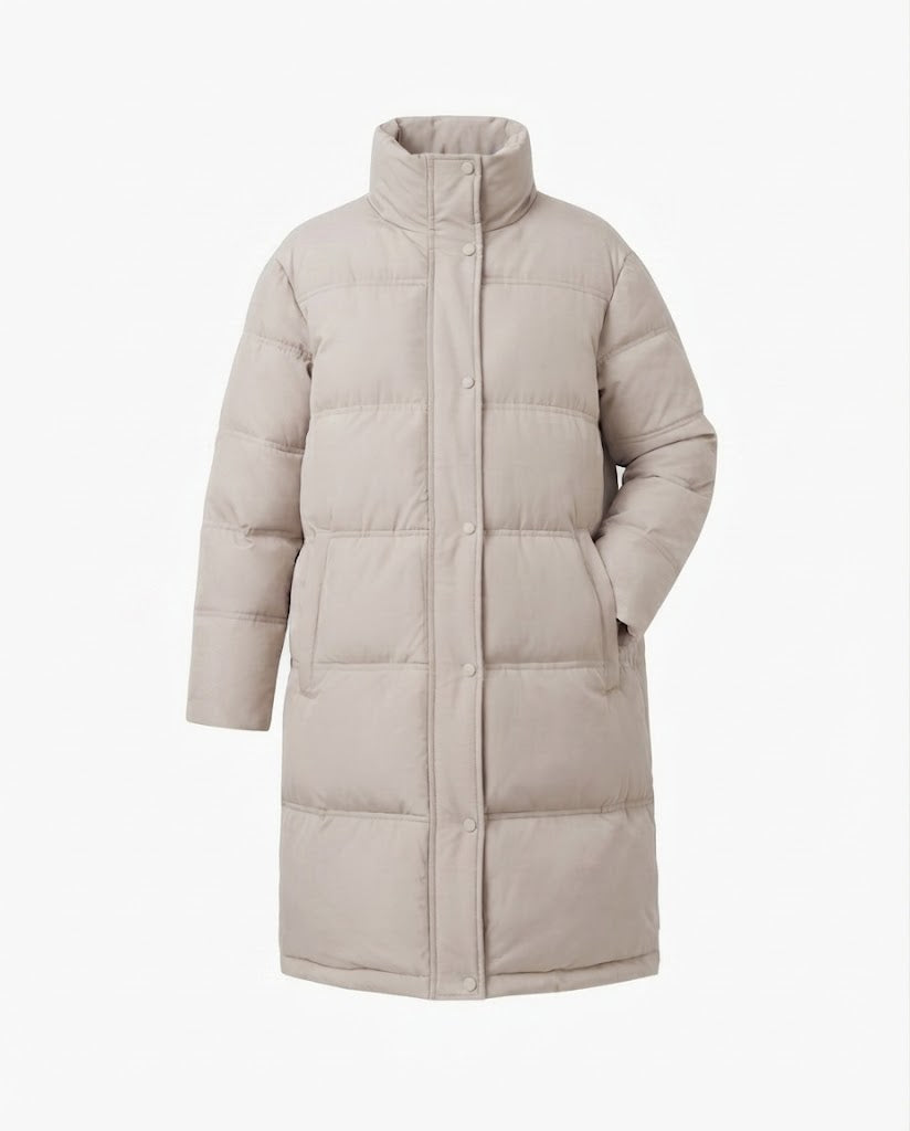 Damen langgeschnittene gesteppte Thermojacke mit Kapuze, Zwei-Wege-Reißverschluss und seitlichen Reißverschlussöffnungen