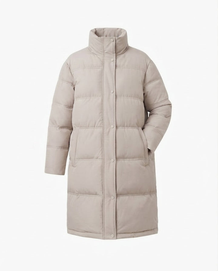 Damen langgeschnittene gesteppte Thermojacke mit Kapuze, Zwei-Wege-Reißverschluss und seitlichen Reißverschlussöffnungen