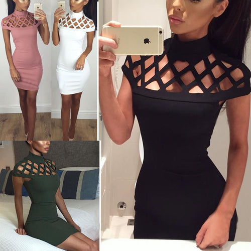 Damen Figurbetontes Minikleid mit kunstvollem Cut-Out-Design und hohem Kragen Drune