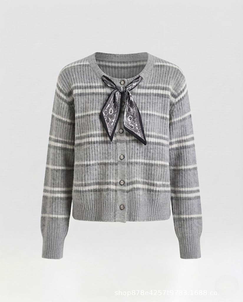 Damen Kurzcardigan aus Feinstrick mit feinem Rippmuster und Paisley-Schleife Drune