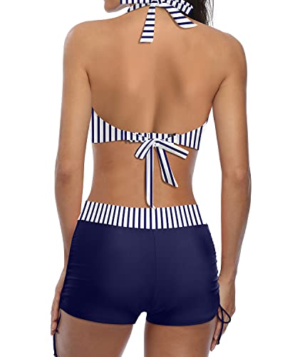Drune | Sportlicher Zweiteiler Badeanzug Mit Push up Bikini Und Boyshort Blau Weiß Gestreift