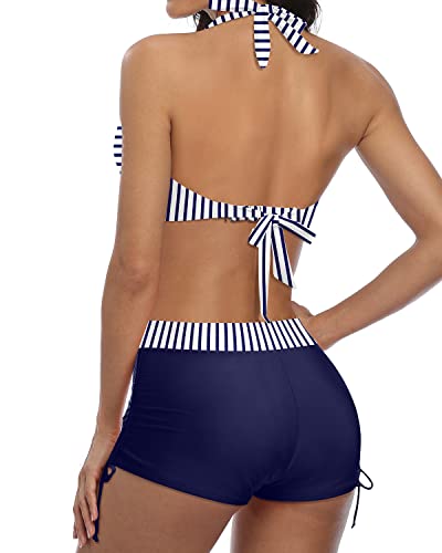 Drune | Sportlicher Zweiteiler Badeanzug Mit Push up Bikini Und Boyshort Blau Weiß Gestreift