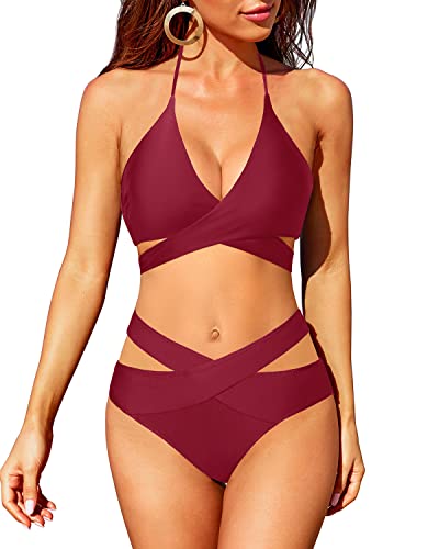Drune | Hochtailliertes Bikini Badeanzug Push up Halter Wickel Criss Cross 2 Teiliges Satz