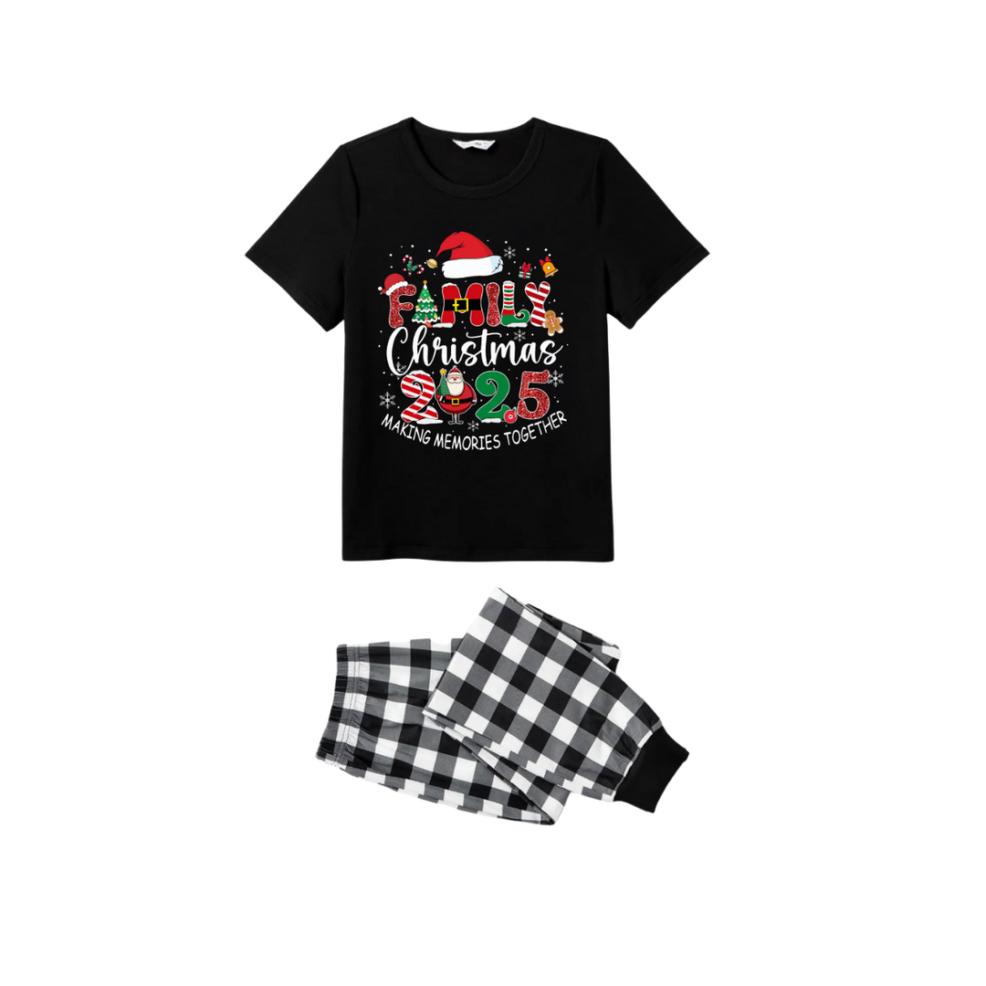 Drune | Schwarz-weißer Karierter Weihnachts-Shorts-Ärmels-Pyjama-Set mit "Familienweihnachten 2025 Erinnerungen zusammen schaffen" Textdruck