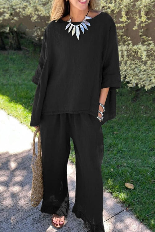 Drune | Rosiedress Baumwolle Leinen 3/4 Ärmel Pullover Top Weite Hose Rüschen Saum Set