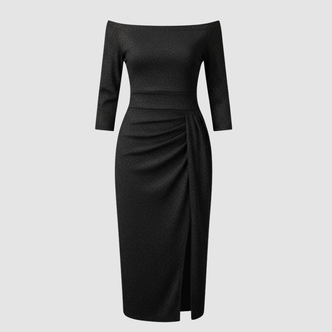 Elegantes Hochzeitsgast Kleid Off Shoulder Lang Satin | Drune