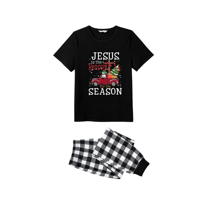 Drune | Schwarz-weißes Karomuster Weihnachts-Shortsleeve-Pyjama-Set mit dem Aufdruck "Jesus ist der Grund für die Saison"