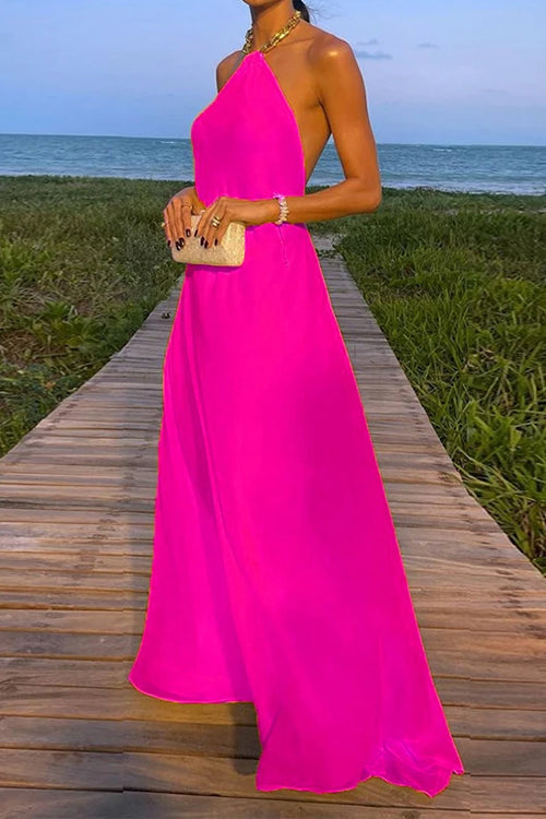 Drune | Rosiedress Ketten-Halter Offener Rücken Maxi Swing Kleid