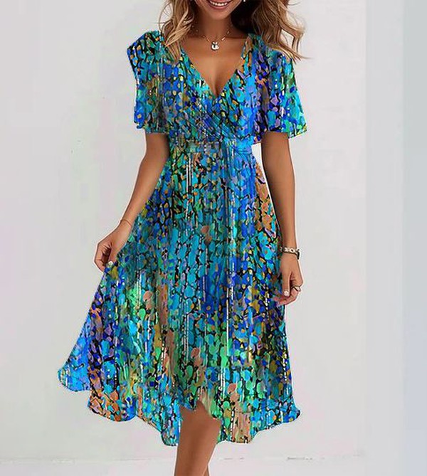 Drune | Blauer Midi Dress mit Kurzen Ärmeln