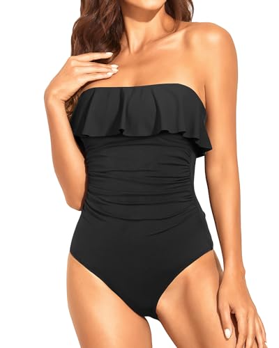Drune | Trägerlose Einteiler Bikini Für Frauen Bauchkontrolle Bandeau Badeanzüge Rüsche Schlankend Badebekleidung