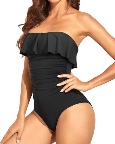 Drune | Trägerlose Einteiler Bikini Für Frauen Bauchkontrolle Bandeau Badeanzüge Rüsche Schlankend Badebekleidung