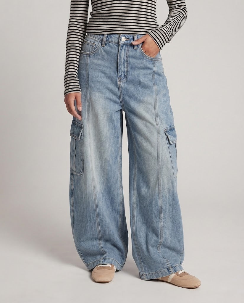 Damen Extraweite Palazzodenimhose mit Balloon‑Silhouette und großen Cargo‑Klappentaschen Drune