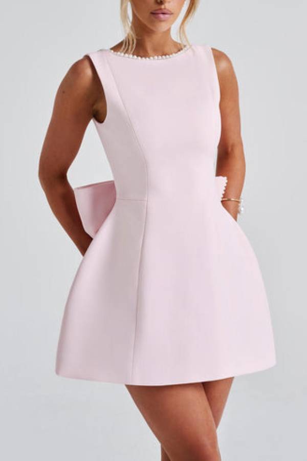 Drune | Stylisches mit Perlen Verziertes Großes Schleifen Slim-Fit Mini-Kleid
