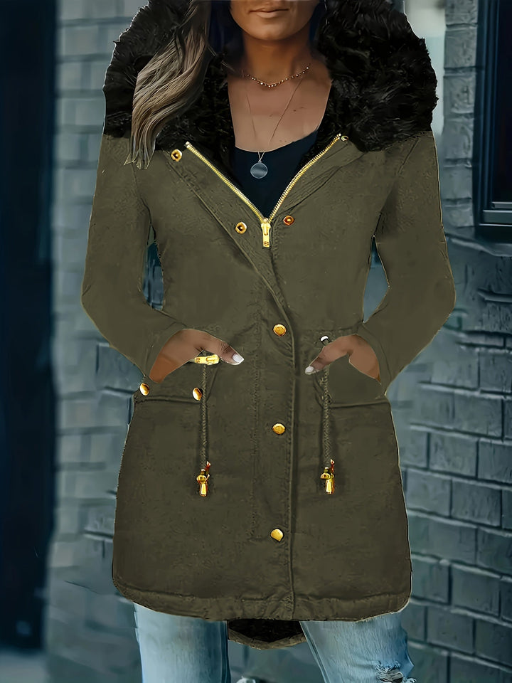 Drune | Zip up Parka Mantel mit Knöpfen Kapuze Damen Winterjacke