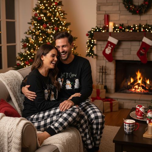 Drune | Paar Schwarz-Weiße Karierte Weihnachten Pyjama Set Mit Schneemann Und 