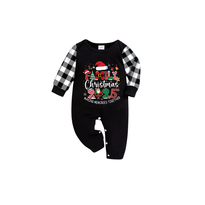 Drune | Schwarz-weißer Karierter Weihnachts-Shorts-Ärmels-Pyjama-Set mit "Familienweihnachten 2025 Erinnerungen zusammen schaffen" Textdruck