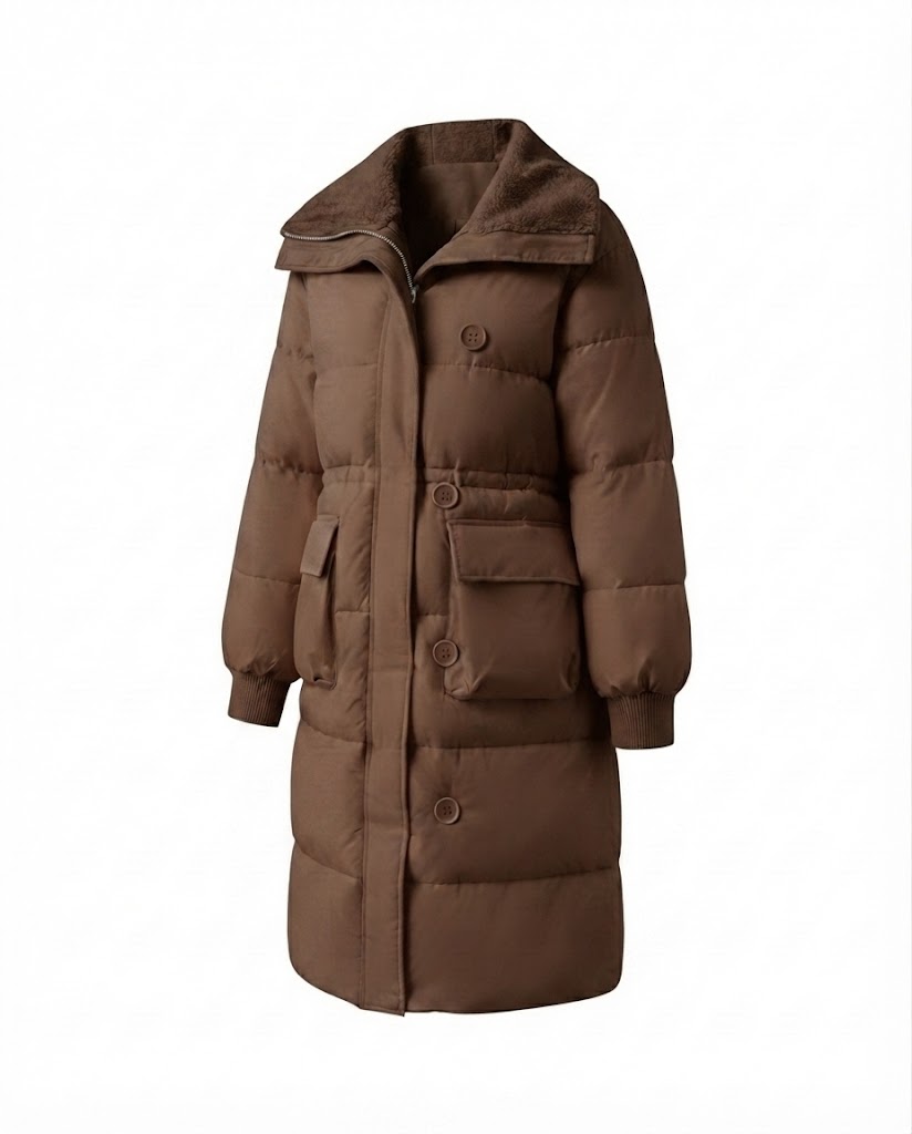 Damen langer gepolsterter Mantel mit Sherpa-Schalkragen, Taille mit Kordelzug und großen Klappentaschen