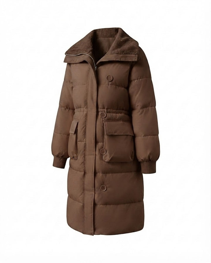 Damen langer gepolsterter Mantel mit Sherpa-Schalkragen, Taille mit Kordelzug und großen Klappentaschen