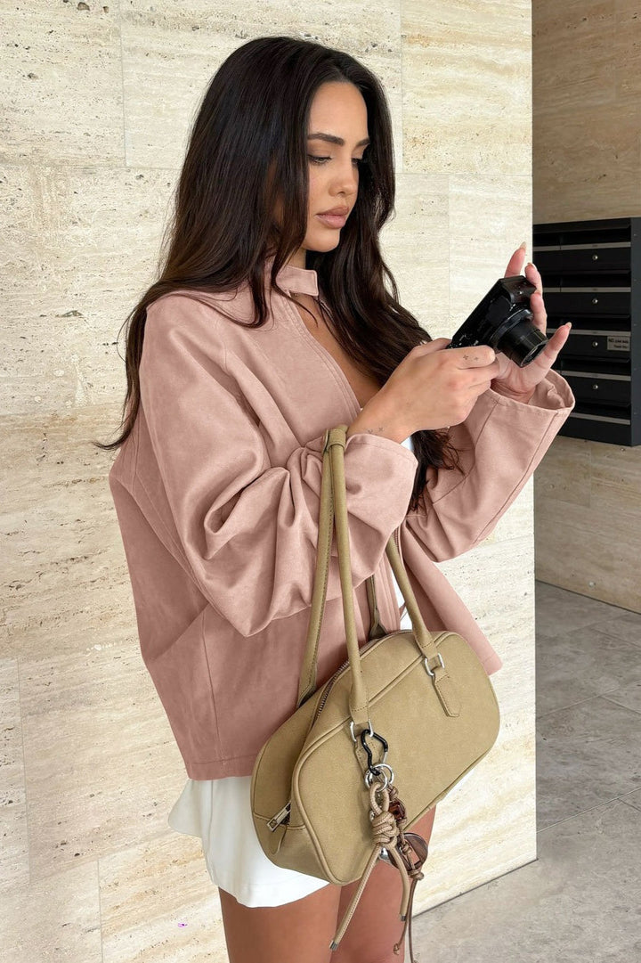 Drune | Stylish suede jacket with a stand-up collar and long sleeves