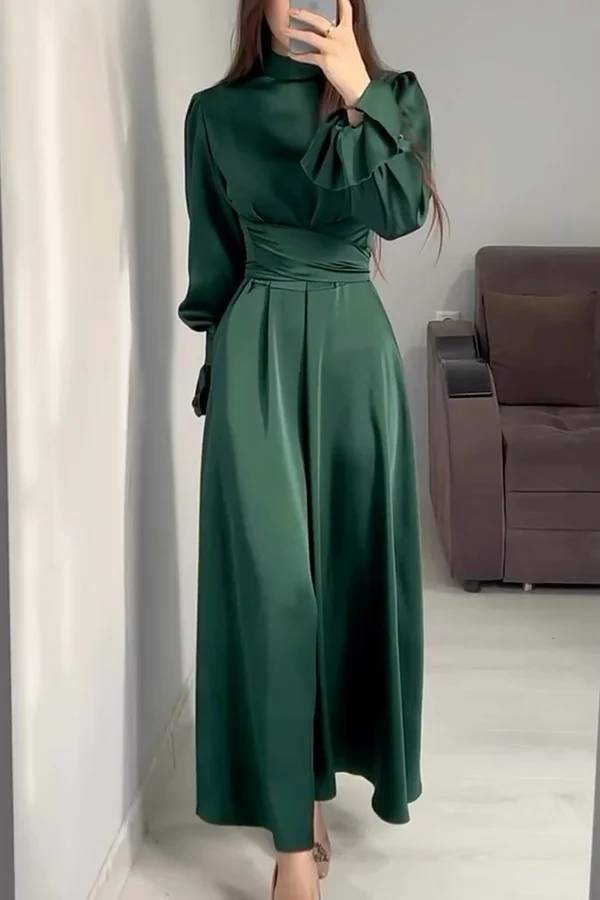 Drune | Einfarbiger Rüschensleeve Taillierter Krawatten Slim Fit Maxikleid