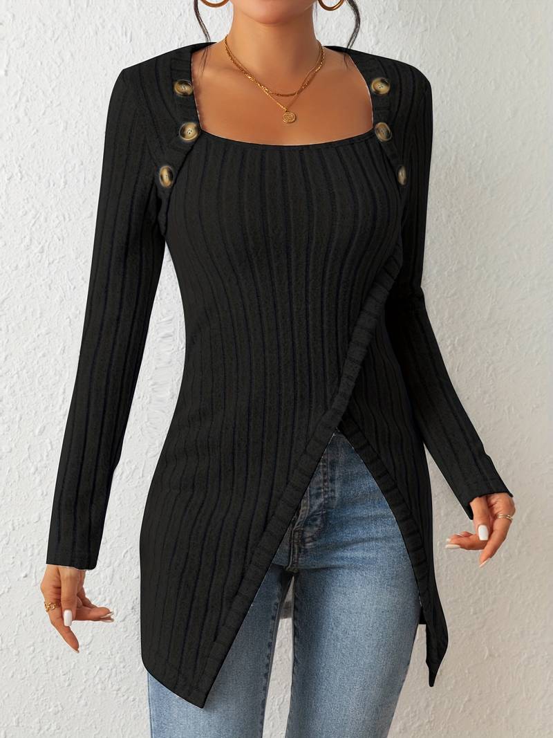 Drune | Quadrat Ausschnitt Pullover mit Langen Ärmeln und Seitlichem Schlitz