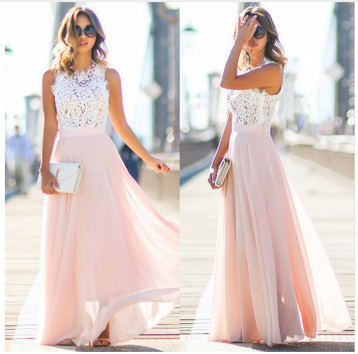 Damen Maxikleid mit floralem Spitzenoberteil und fließendem Rock Drune