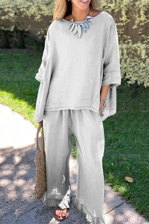 Drune | Rosiedress Baumwolle Leinen 3/4 Ärmel Pullover Top Weite Hose Rüschen Saum Set