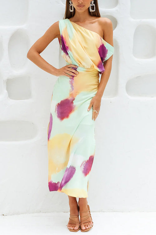 Drune | Asymmetrisches Schulter Tailliertes Batik Schlitz Maxikleid