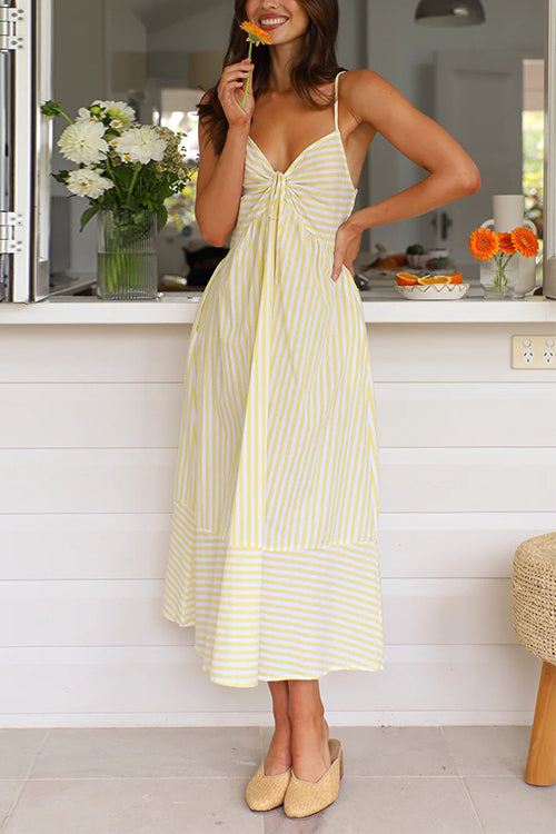 Drune | Rosiedress V-Ausschnitt Schnürung Gestreiftes Midi Cami Kleid